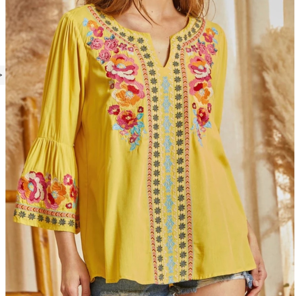 Savanna Jane South Beach Yellow Marigold Embroidered Blouse
